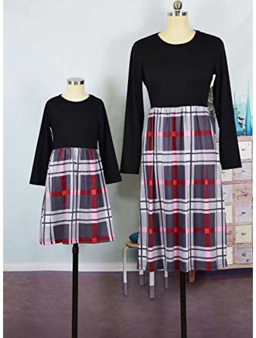 Family Matching Buffalo Plaid Dress Mommy and Me Long Sleeve High Waist Patchwork Spring Fall Dress