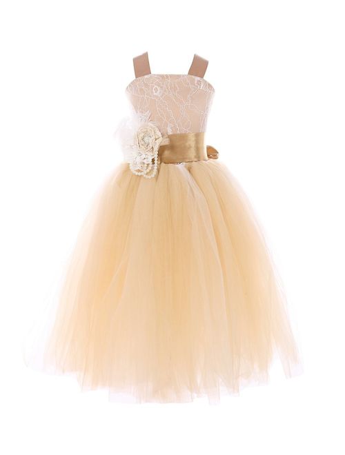 FAYBOX Pageant Wedding Flower Girl Dress Crossed Back Bow Feather Sash Fluffy