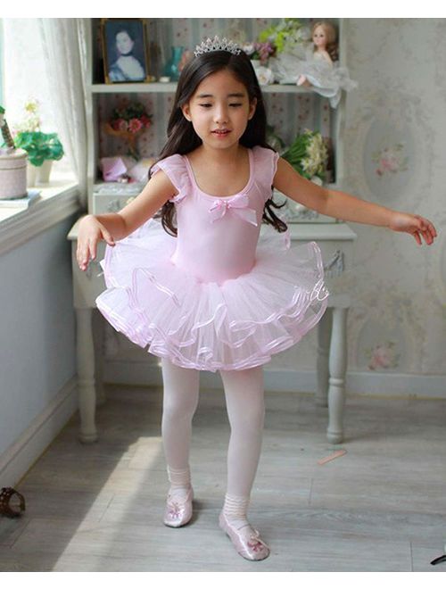 CM-Kid Girls Short Sleeve Ballet Dance Dress Ruffle Tutu Skirted Gymnastics Leotard 2-9 Years