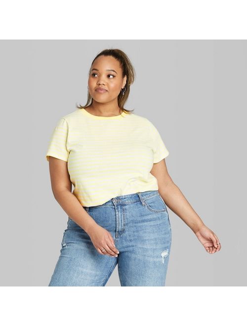 Women's Plus Size Striped Short Sleeve Crewneck Relaxed T-Shirt - Wild Fable Yellow