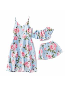 IFFEI Mommy and Me Dress Strappy Summer Matching Dress Pink Rose Floral Printed for Mother and Daughter