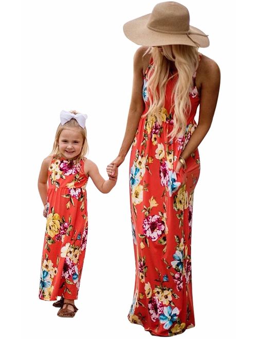 Family Matching Flower Print Maxi Dress Mommy and Me 1 Piece Sleeveless Summer Sundress Long Dress