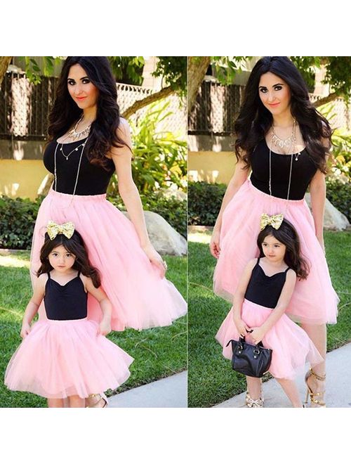 Family Matching Lace Tutu Dress Mommy and Me Sleeveless Knee Length Midi Dress Summer Outfits