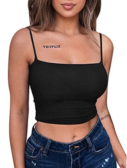 YMDUCH Women's Sexy Crop Top Stretch Spaghetti Strap Ribbed Knitted Basic Cami