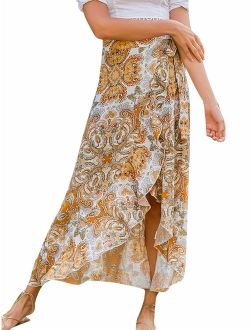 Women's Boho Floral Wrap Maxi Skirt High Waisted Long Skirt with Slit