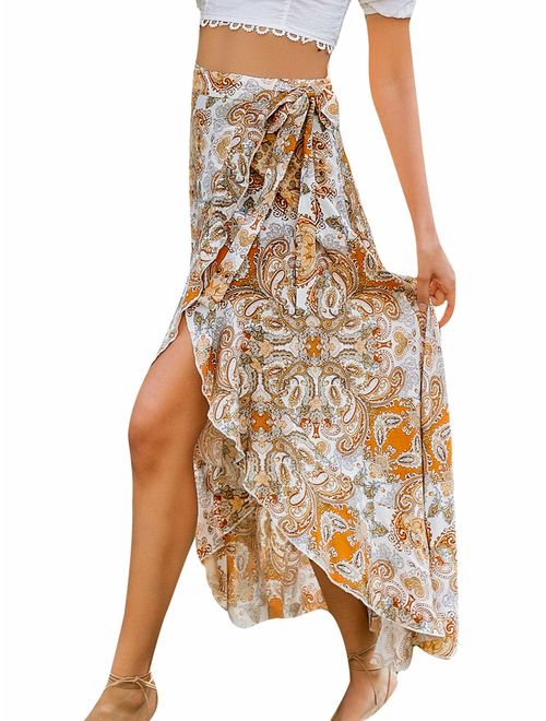 BerryGo Women's Boho Floral Wrap Maxi Skirt High Waisted Long Skirt with Slit