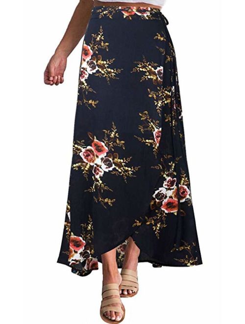 Womens Boho Floral Maxi Skirt Tie Up Waist Casual Slit Wrap Beach Cover Up