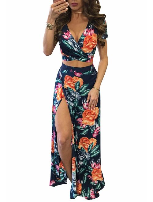 Adogirl Womens Sexy V Neck 2 Piece Outfits Floral Boho Summer Beach Split Maxi Dress