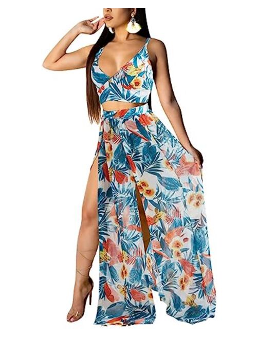 Aro Lora Sexy Deep V Neck Floral Printed Side Slit Two-Piece Maxi Dress