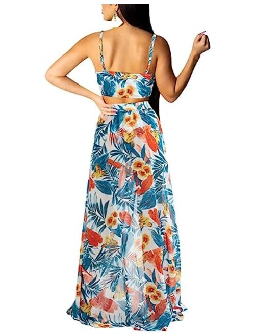 Aro Lora Sexy Deep V Neck Floral Printed Side Slit Two-Piece Maxi Dress