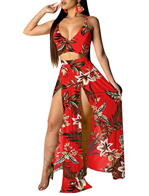 Aro Lora Sexy Deep V Neck Floral Printed Side Slit Two-Piece Maxi Dress