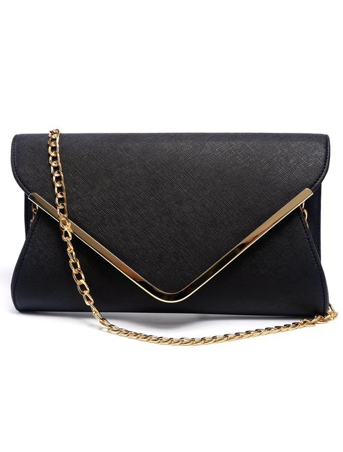 4Clovers Womens PU Leather Envelope Clutch Bag Evening Handbag Cross Body Bag Wristlet Purse With Chain Strap