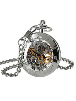 Mens Hand-winding Mechanical Classic Pocket Watch Silver Open Face Chain