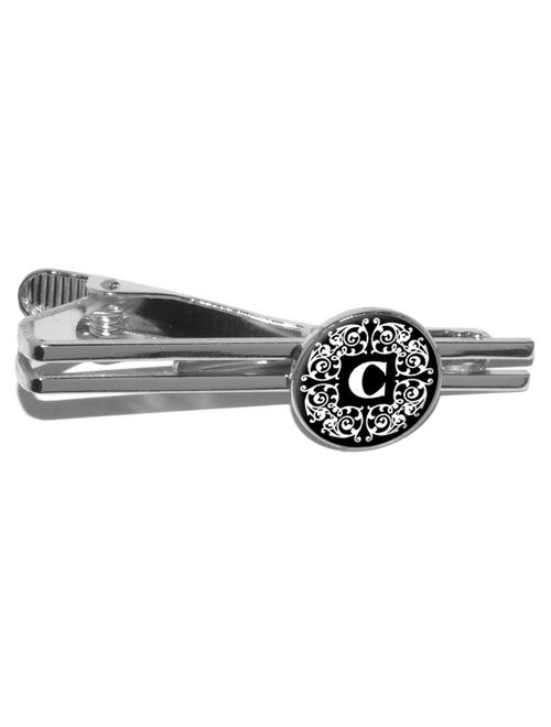 Letter C Initial Black and White Scrolls Round Tie Clip