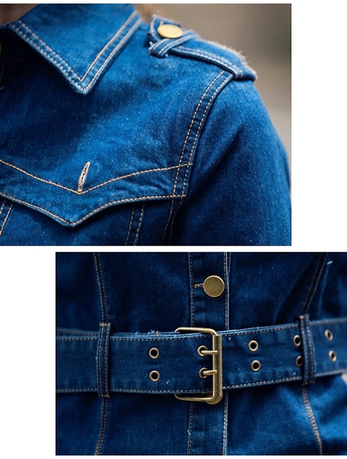 Tanming Women's Lapel Epaulet Buttons Waist Belt Outerwear Denim Jean Long Coats Jackets