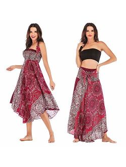 Salamola Women's Long Hippie Bohemian Skirt Gypsy Dress Bohemian 2 in 1 Printed Beach Dress Skirt Cover Up Female Bikini Wrap