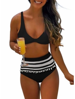 Womens High Waist Two Pieces Bikini Set Striped Tassel Swimsuit