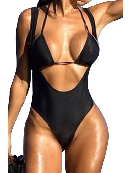 Viottiset Women's Push Up Halter 2PCS Swimsuit Brazilian Triangle Thong Bikini Set