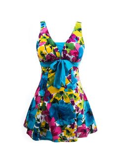 Wantdo Women's Floral Swimdress Modest Swimwear Slimming Push Up Skirtini Swimsuit