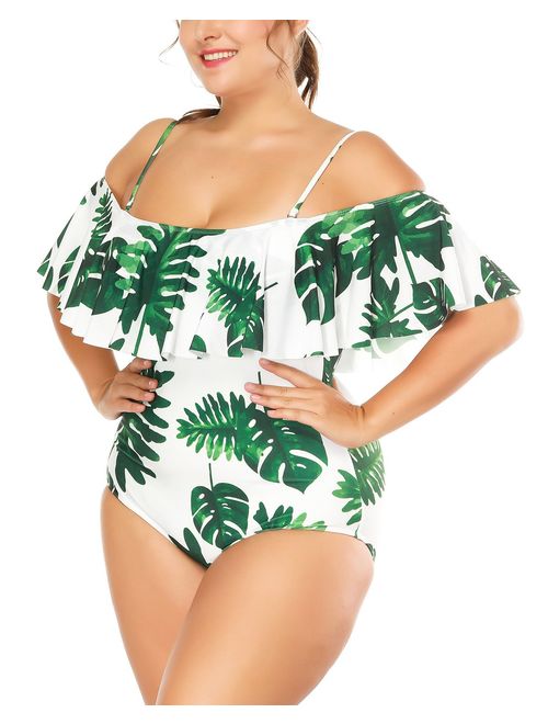Wavely Women Plus Size Swimwear One Piece Swimsuits Ruffled Flounce Off Shoulder