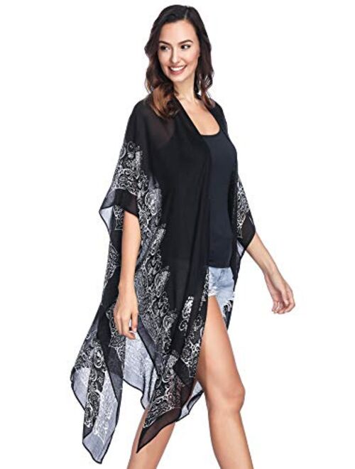 Moss Rose Women's Beach Cover up Swimsuit Kimono Cardigan with Bohemian Floral Print
