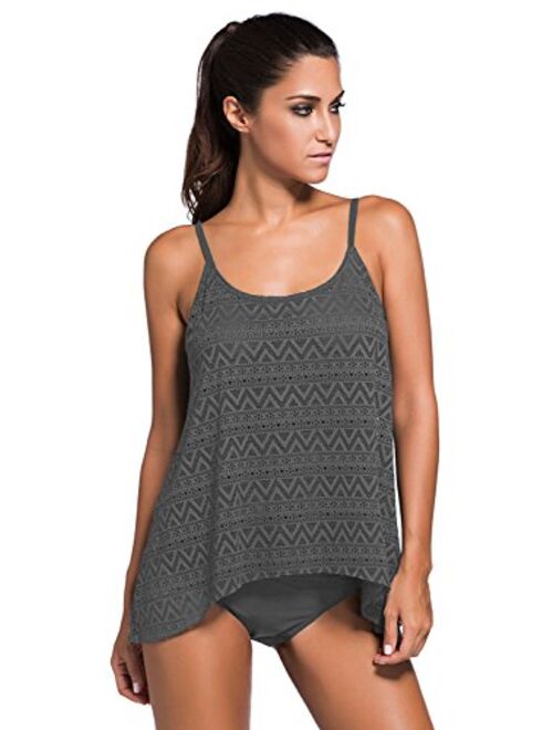 ZKESS Women's Stripes Tankini Top Bikini Swimwear with Brief S - XXXL Plus Size