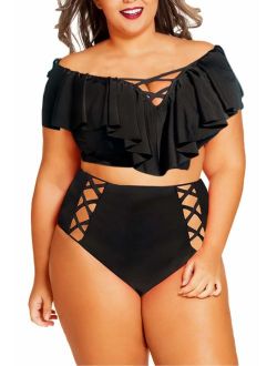 Kisscynest Women's Plus Size Swimwear 2 Piece High Waisted Swimsuit Ruffle Bikini