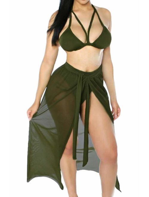 Kisscynest Women's Halter Neck Cut Out 3 Pieces Swimwear with Mesh Maxi Skirt