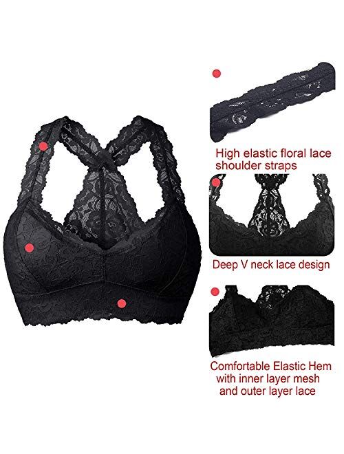 YIANNA Women Floral Lace Bralette Padded Breathable Sexy Racerback Lace Bra