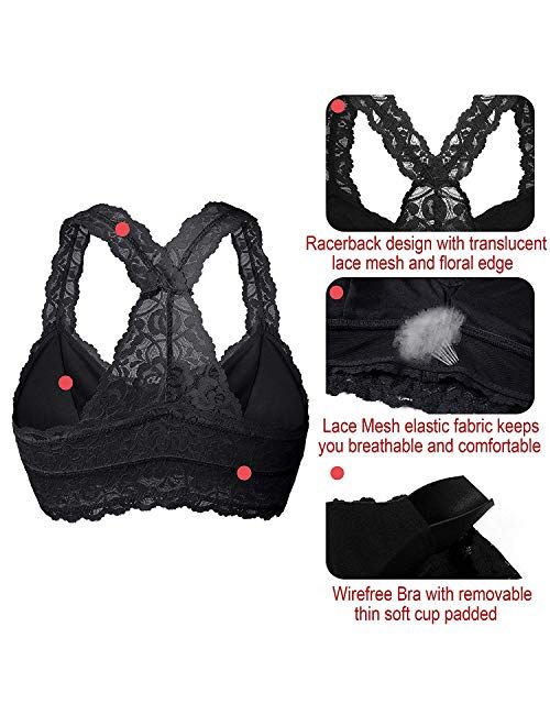 Buy YIANNA Women Floral Lace Bralette Padded Breathable Sexy Racerback ...