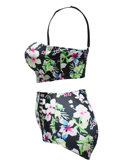 LALAGEN Women's Strappy Hollow Out Floral Swimwear Plus Size High Waist Bikini Sets
