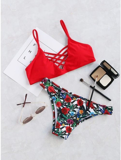 SweatyRocks Women's Bathing Suit Adjustable Spaghetti Strap Floral Print Criss Cross Bikini Set