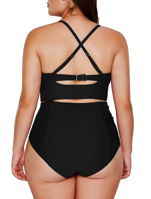 Dearlove Women's Plus Size Strappy High Waist Bikini Swimsuit M-XXXL