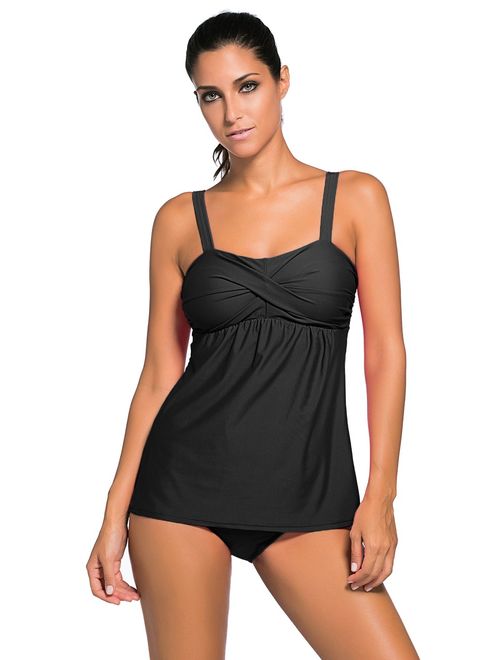 Aleumdr Women's Solid Ruched Tankini Top Swimsuit with Triangle Briefs
