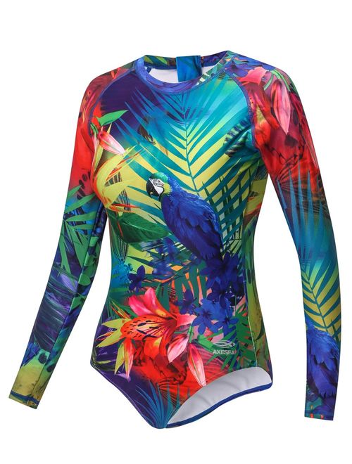 AXESEA Womens Long Sleeve Rash Guard UV UPF 50+ Sun Protection Printed Zipper Surfing One Piece Swimsuit Bathing Suit