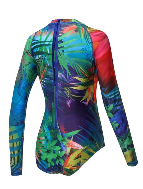 AXESEA Womens Long Sleeve Rash Guard UV UPF 50+ Sun Protection Printed Zipper Surfing One Piece Swimsuit Bathing Suit