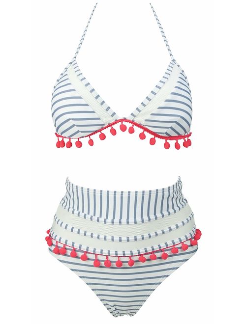 COCOSHIP Women's Mesh Striped High Waist Bikini Set Tassel Trim Top Halter Straps Swimsuit(FBA)
