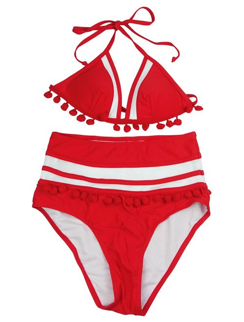 COCOSHIP Women's Mesh Striped High Waist Bikini Set Tassel Trim Top Halter Straps Swimsuit(FBA)