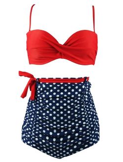 COCOSHIP Retro Polka Dot Twisted Front High Waisted Bikini Set Tie Belt vintage style swimsuits Ruched Swimsuit(FBA)