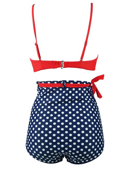 COCOSHIP Retro Polka Dot Twisted Front High Waisted Bikini Set Tie Belt vintage style swimsuits Ruched Swimsuit(FBA)