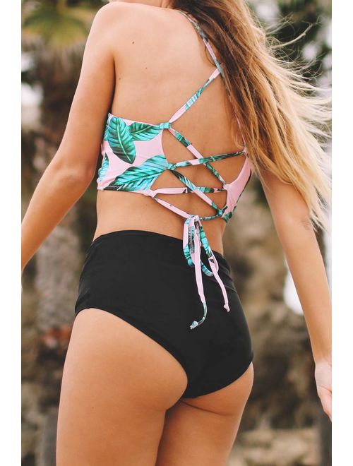 CUPSHE Women's Leaves Printing High Waisted Bikini Set Tankini Swimwear