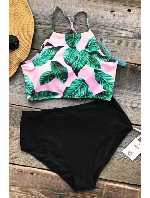 CUPSHE Women's Leaves Printing High Waisted Bikini Set Tankini Swimwear
