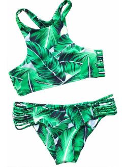 Women's Tropical Leaves Printing Tank Padding Bikini Set