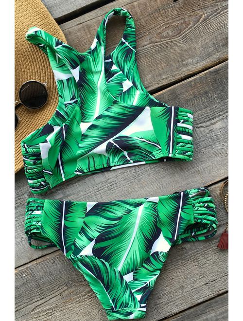 CUPSHE Women's Tropical Leaves Printing Tank Padding Bikini Set