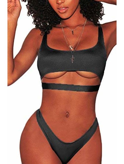 FAFOFA Womens Sexy Scoop Neck Straps Cutout High Cut Thong 2PCS Bikini Sets Swimsuit
