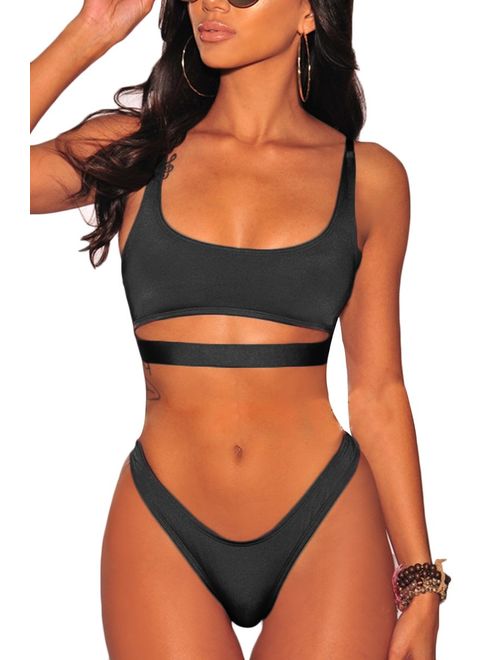FAFOFA Womens Sexy Scoop Neck Straps Cutout High Cut Thong 2PCS Bikini Sets Swimsuit