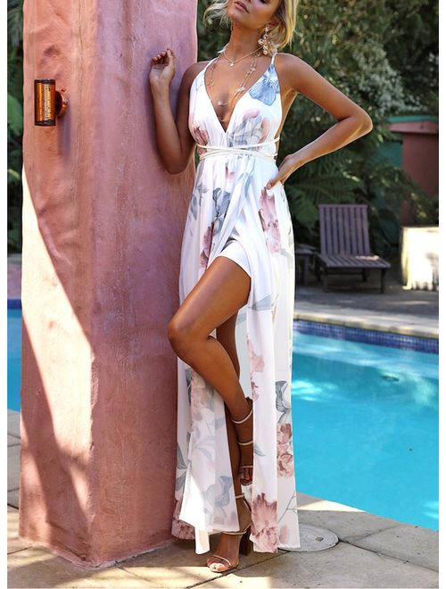 FFLMYUHUL I U Women's Strap Floral Print Lace Up Backless Deep V Neck Sexy Split Beach Maxi Dress