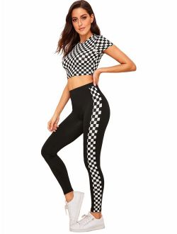 Women's 2 Piece Outfits Colorblock Short Sleeve Crop Top and Leggings Set Tracksuits
