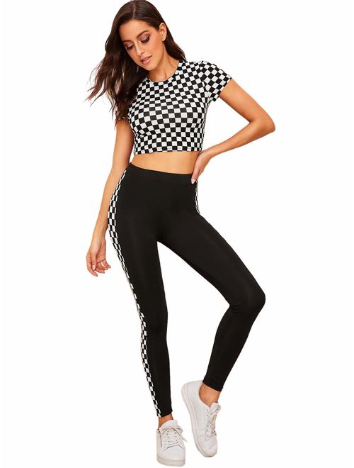 SweatyRocks Women's 2 Piece Outfits Colorblock Short Sleeve Crop Top and Leggings Set Tracksuits