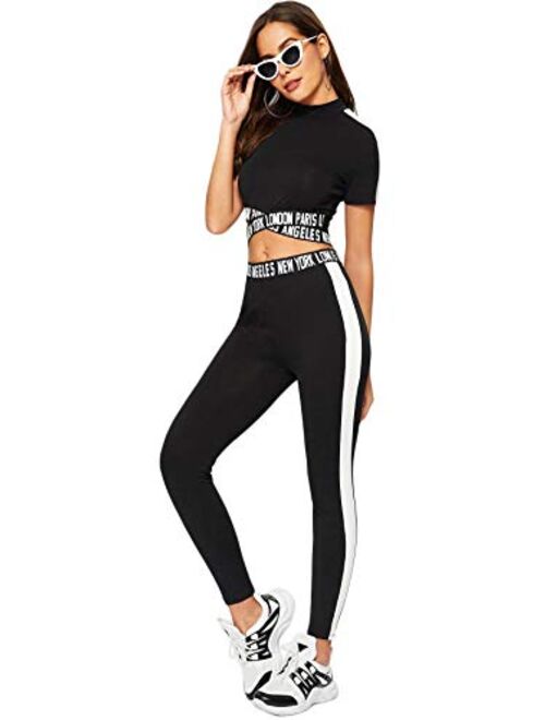 SweatyRocks Women's 2 Pieces Outfits Cropped T Shirt and Long Pants Tracksuits Set Sportwear